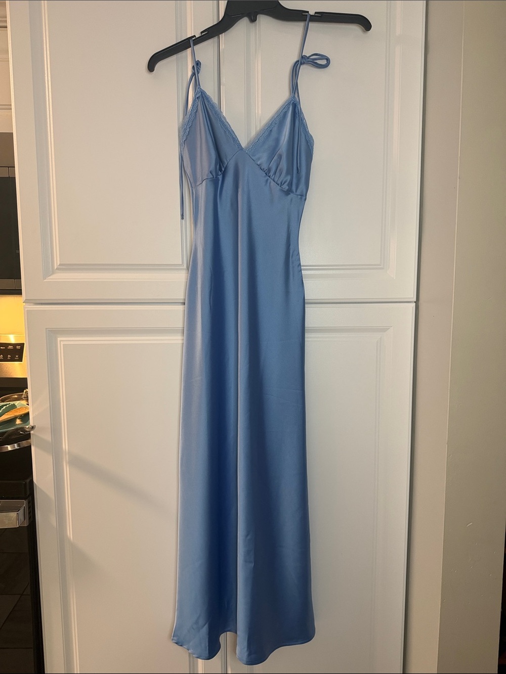 Altar'd State Light Blue Satin Slip Dress with Lace Trim